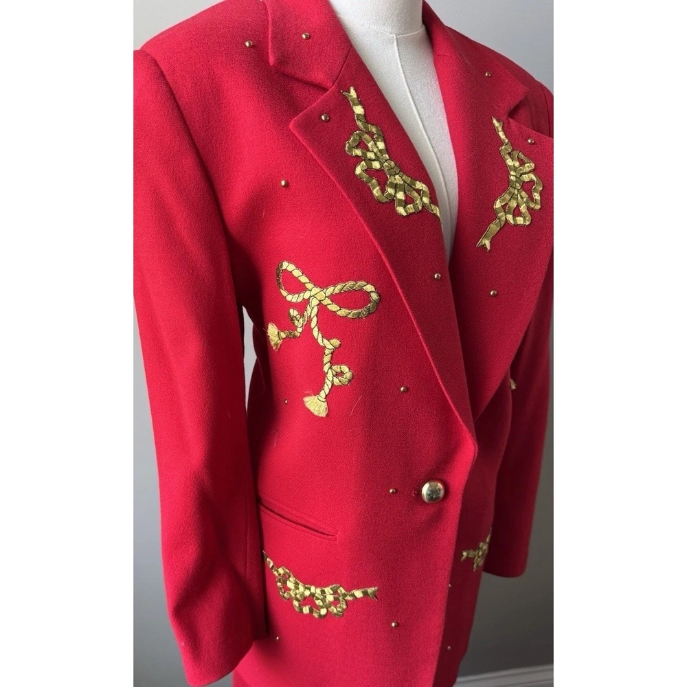 Vintage Harlan Red Suit Gold Rope Bow Studded Western Blazer Skirt Set